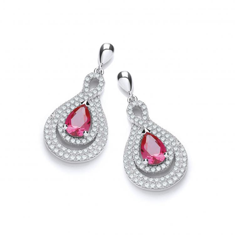 925 Sterling Silver Micro Pave' Red & Clear Cz Teardrop Earrings