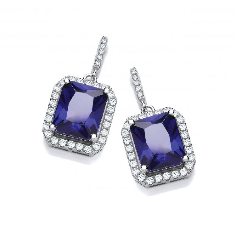 925 Sterling Silver Micro Pave Emerald Cut Sappire Blue Cz Drop Earrings