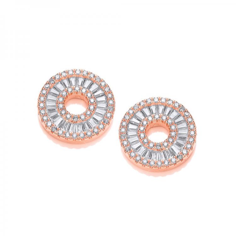 925 Sterling Silver Rose Gold Coated Circle of Life in Baguettes and Round Cz Earrings