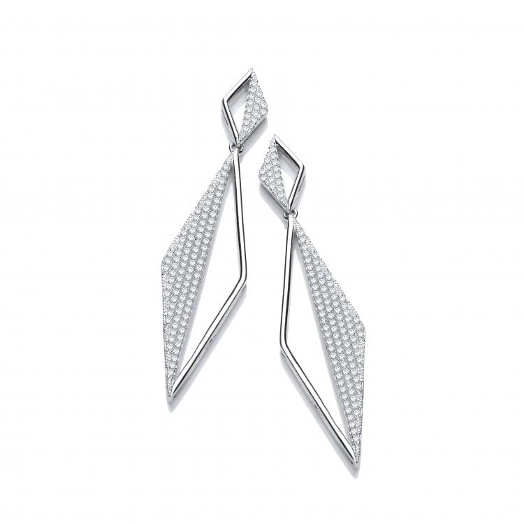 925 Sterling Silver Long Triangle Pave' Cz Drop Silver Earrings