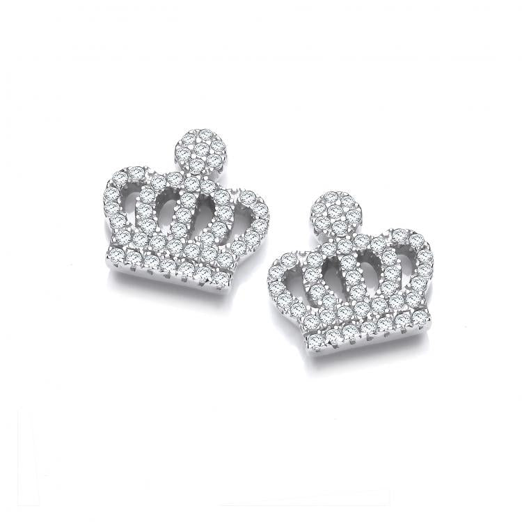 925 Sterling Silver Micro Pave Cz Crown Stud Silver Earrings