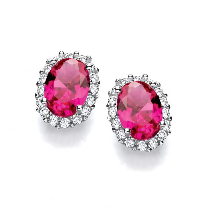 925 Sterling Silver Oval Red CZ Stud Silver Earrings