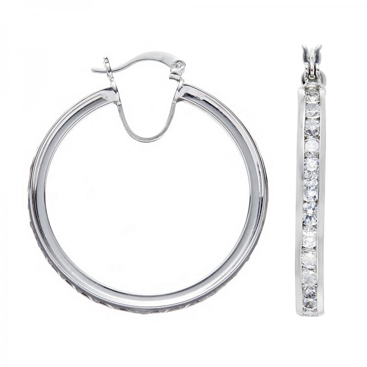 925 Sterling Silver Channel Set Cubic Zirconia Hoop Earrings