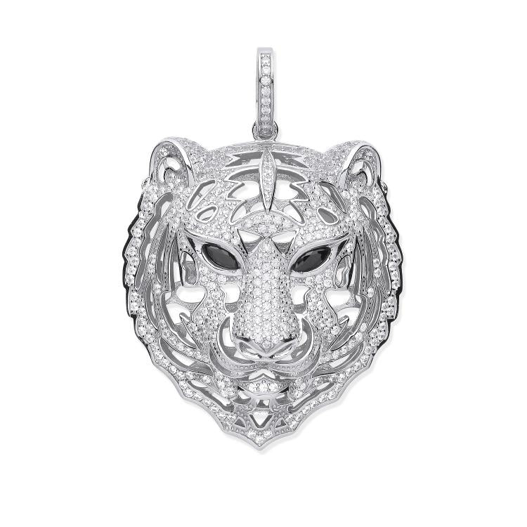 925 Sterling Silver CZ Tiger Head Black CZ Eyes Pendant