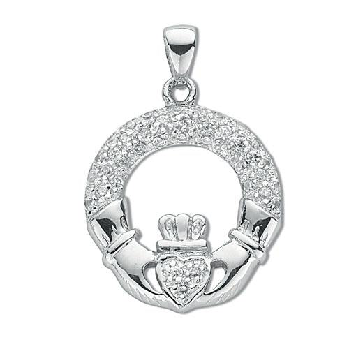 925 Sterling Silver Pave Set Cz Claddagh Drop Pendant with Chain