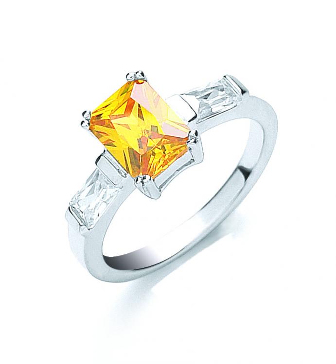 925 Sterling Silver Claw Set Emerald Cut Amber Cz Solitaire Ring with Baguette Shoulders