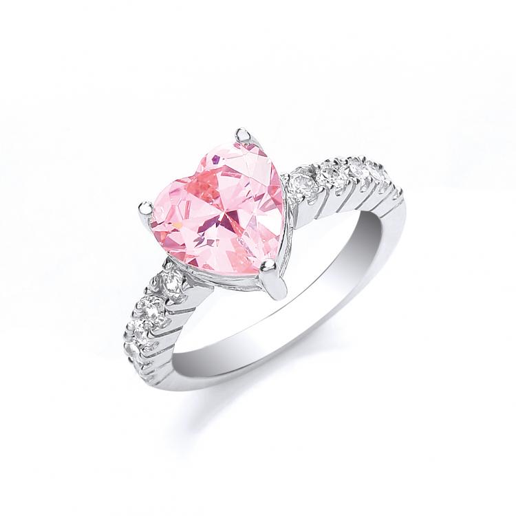 925 Sterling Silver Pink Heart Cut Cz Solitaire Ring with Claw Set Cz Shoulders