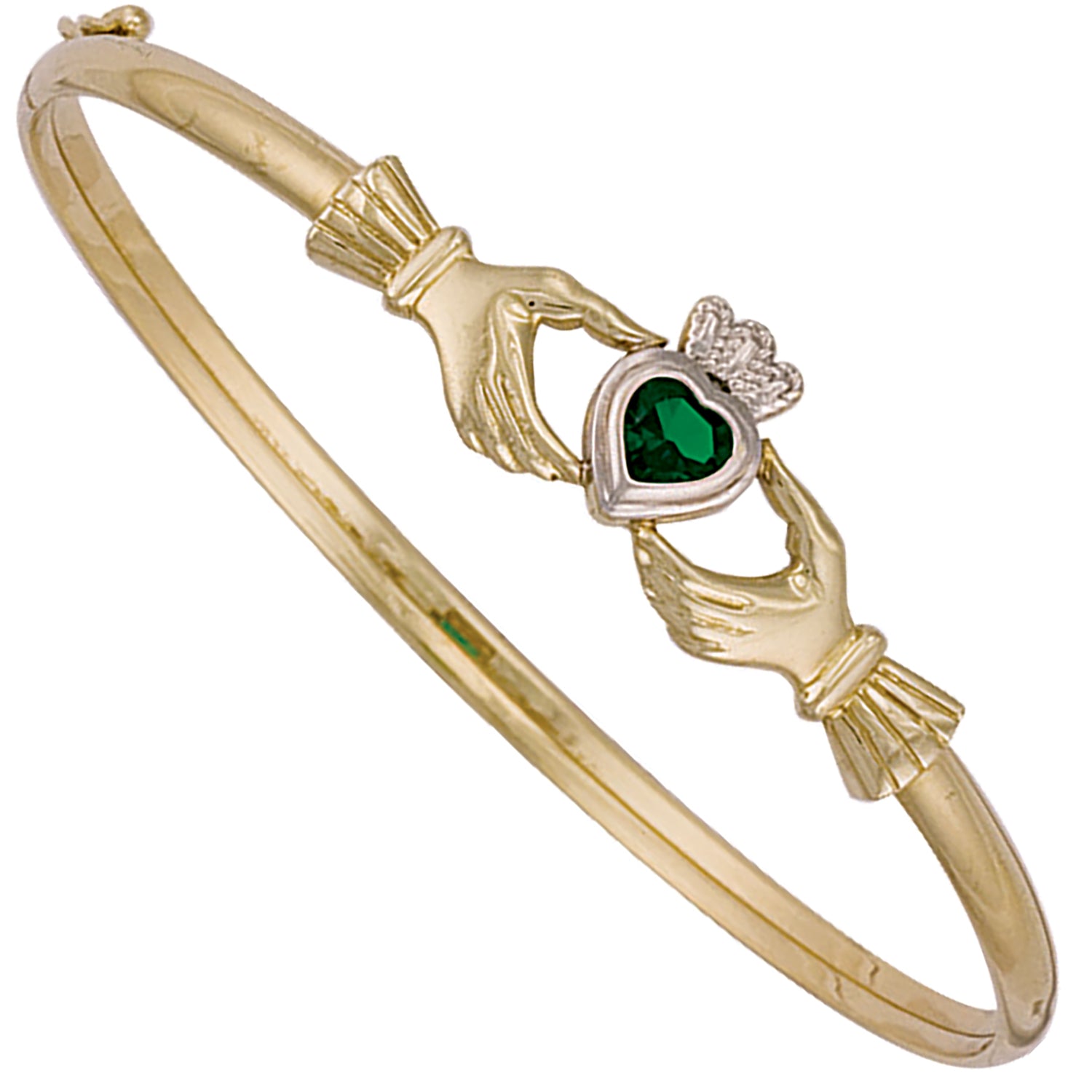 9ct Yellow Gold Green Stone Set Claddagh Bangle