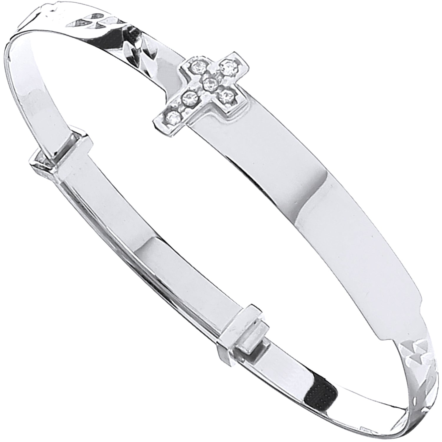 9ct White Gold Diamond Cut Expandable Childs Bangle Cubic Zirconia Cross