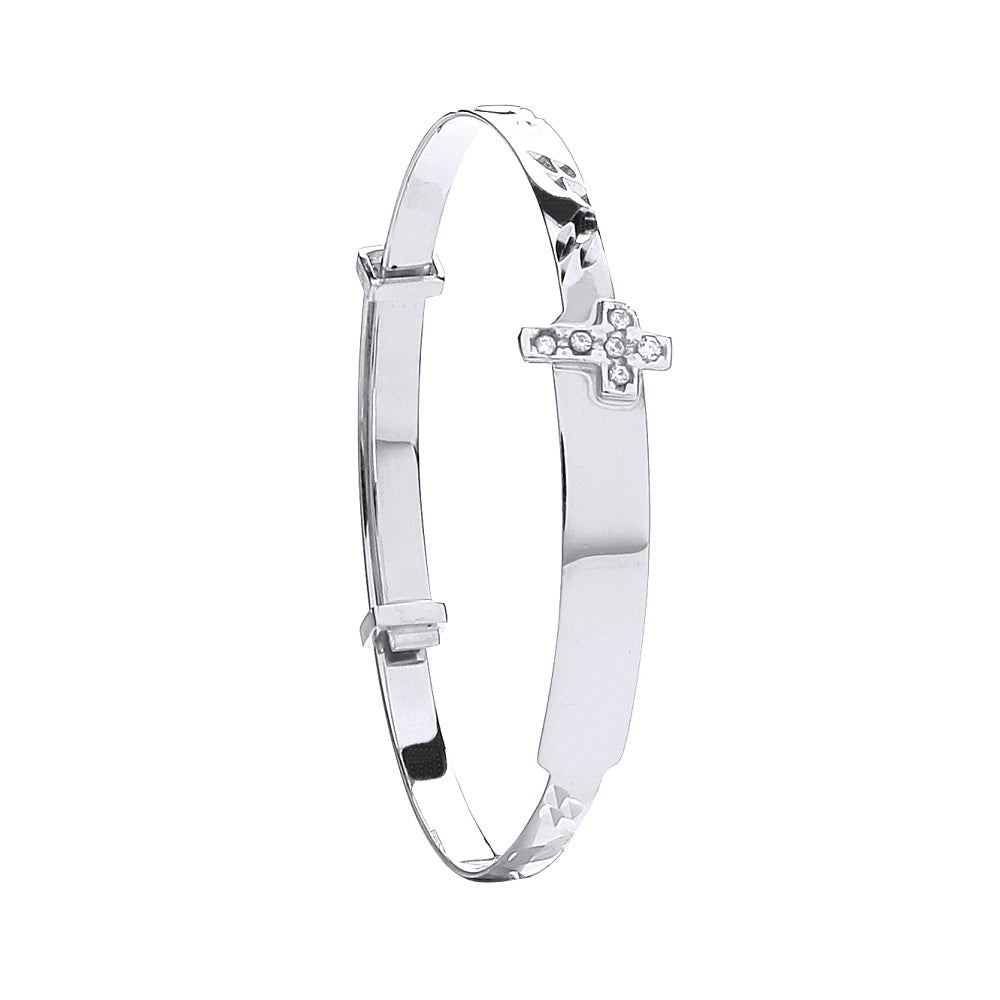 9ct White Gold Diamond Cut Expandable Childs Bangle Cubic Zirconia Cross