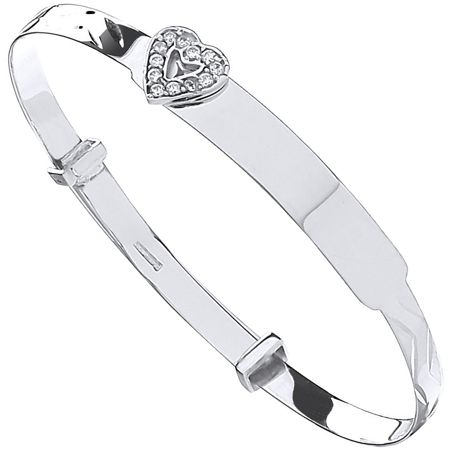 9ct White Gold Diamond Cut Expandable Childs Bangle Cubic Zirconia Heart