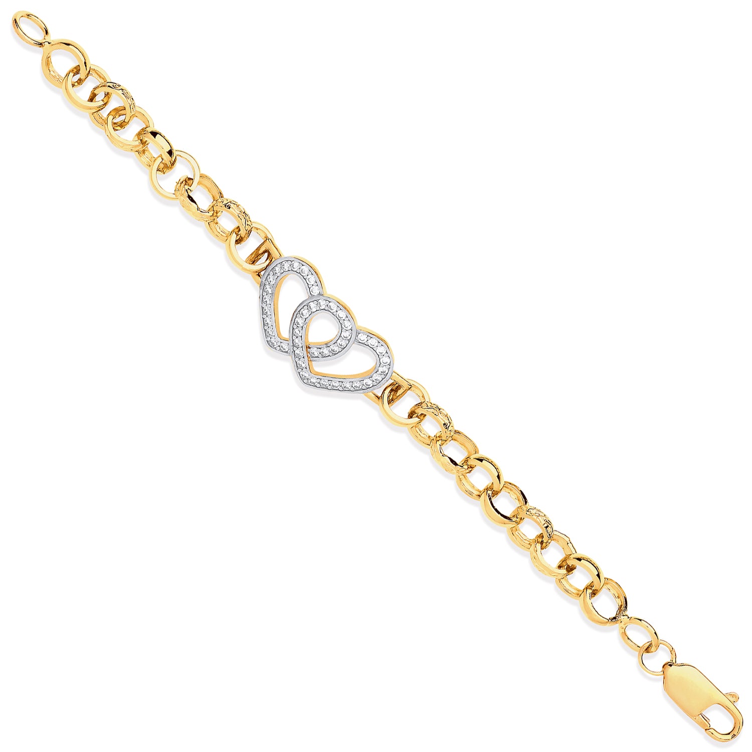 9ct Yellow Gold Belcher Links Cubic Zirconia Hearts 6" Childs Bracelet