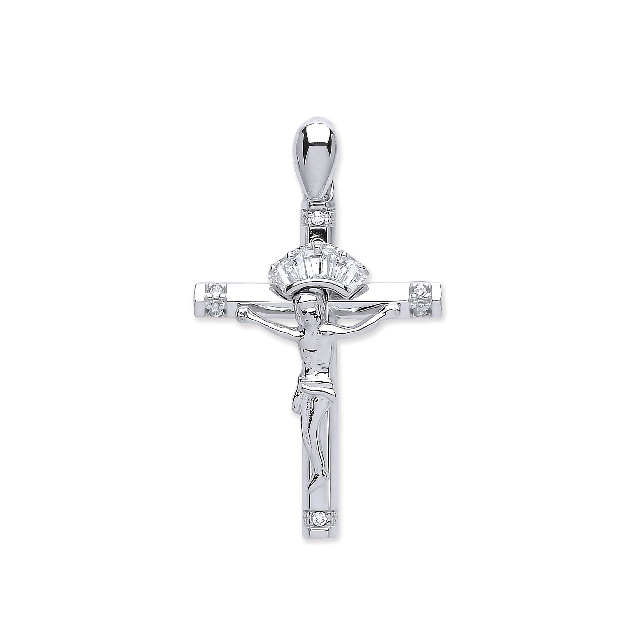 9ct White Gold Cubic Zirconia Baguettes & Round Crucifix