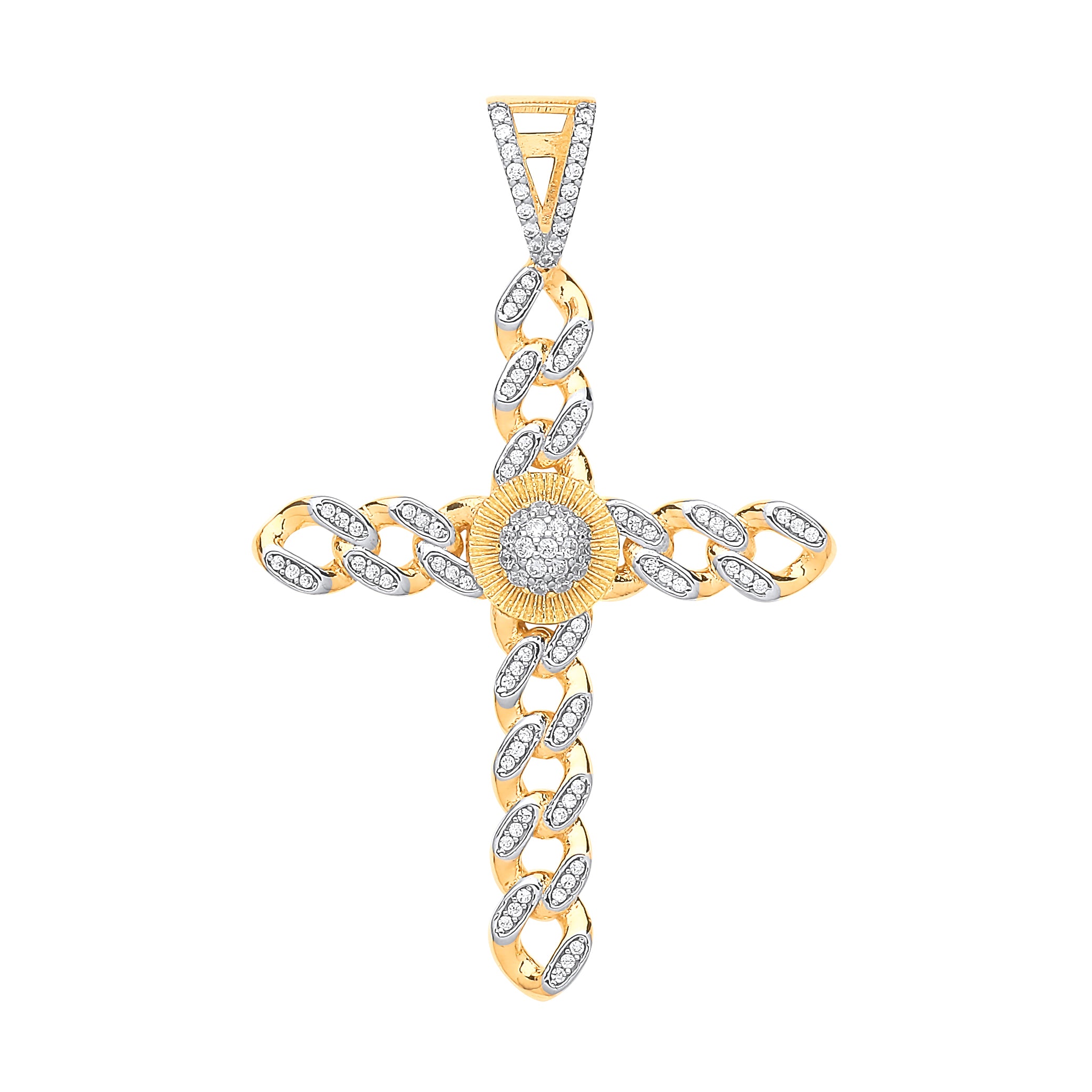 9ct Yellow & White Gold Round Charm Cubic Zirconia Curb Link Cross