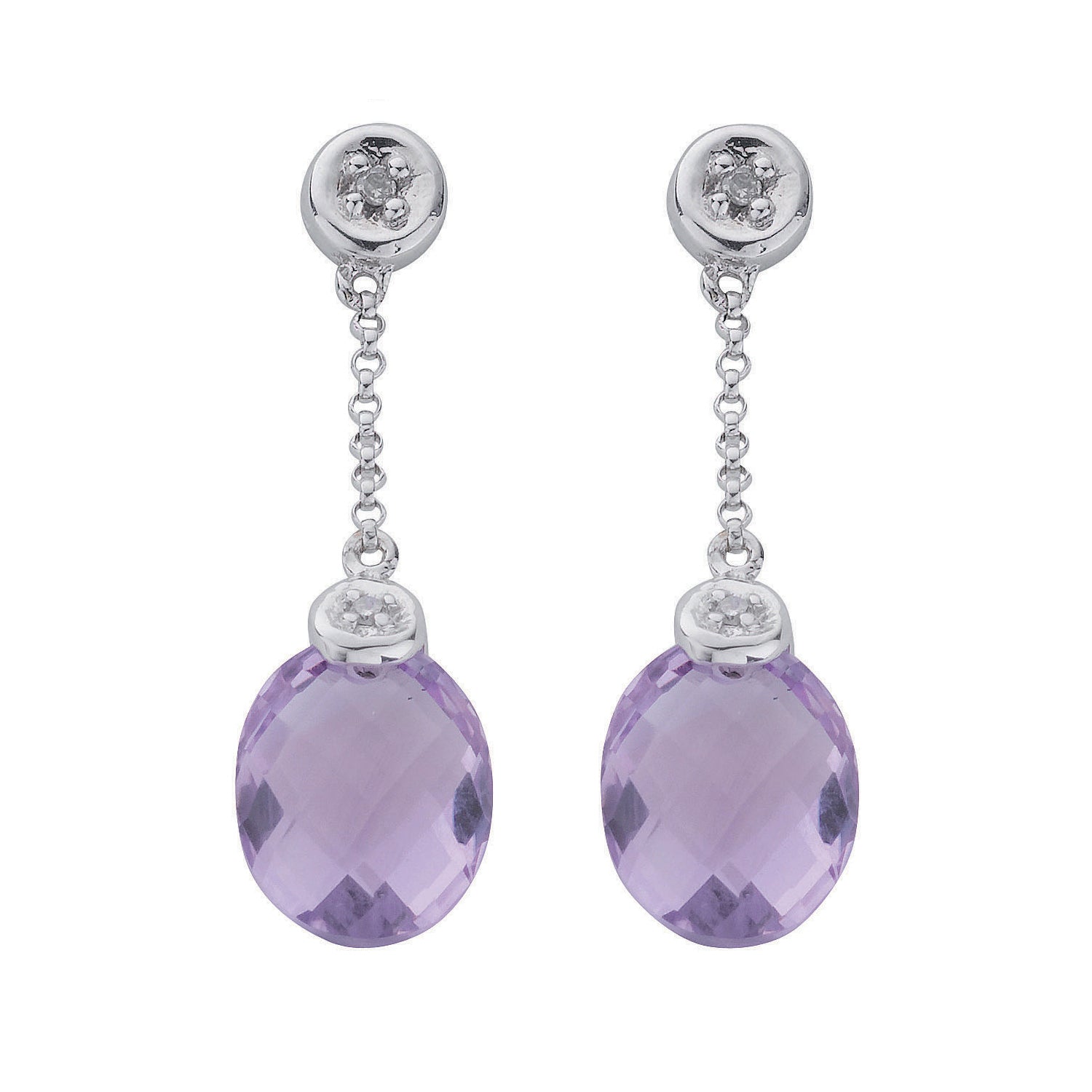 9ct White Gold 0.04ct Diamond & 4.66ct Amethyst Drop Earrings