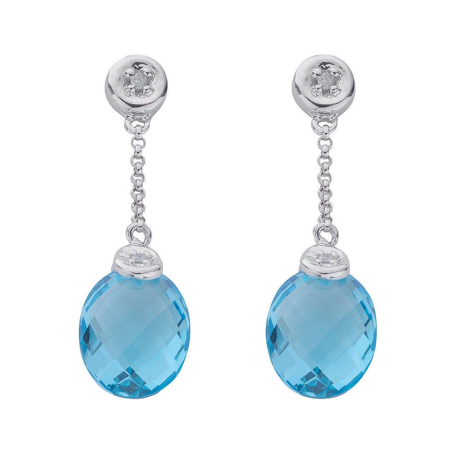 9ct White Gold 0.04ct Diamond & 6.93ct Blue Topaz Drop Earrings