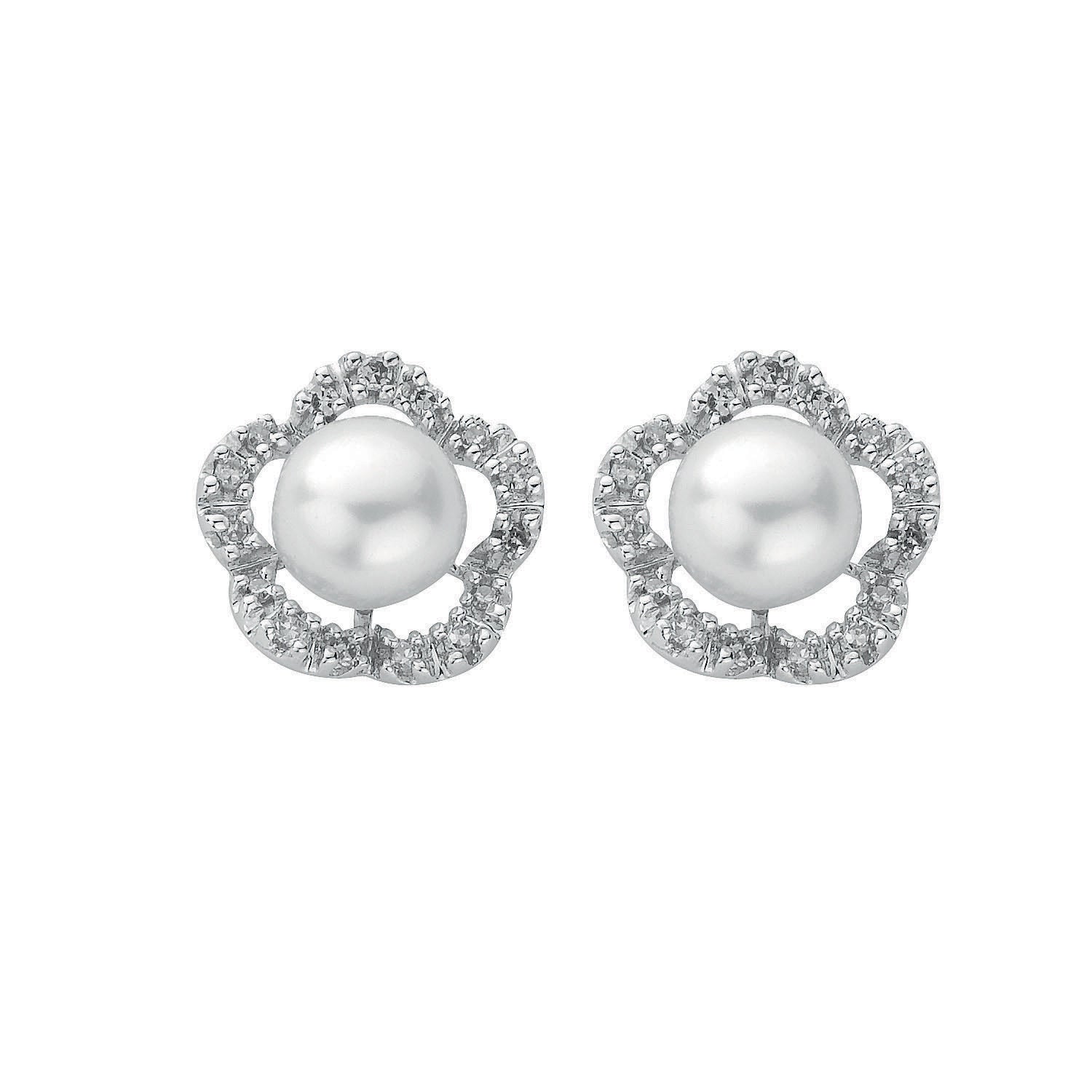 9ct White Gold 0.17ct Diamond & Pearl Stud Earrings