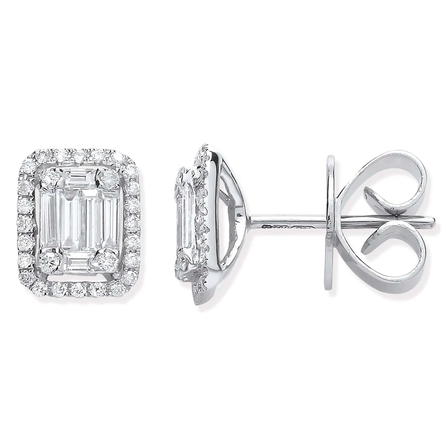 18ct White Gold 0.65ct Baguette & Brilliant Cut Diamond Rectangle Halo Earrings