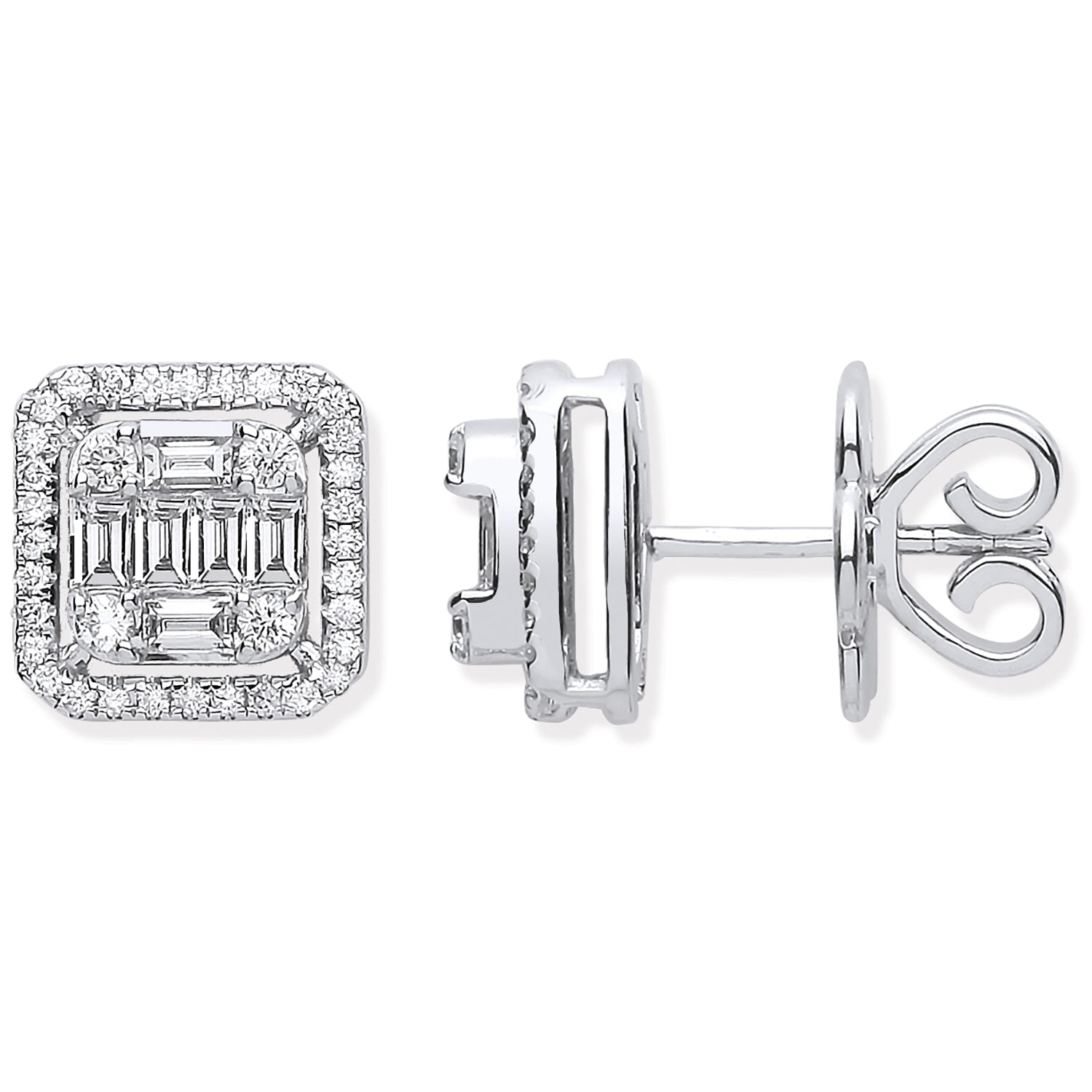 18ct White Gold 0.90ctw Round and Baguette Diamond Studs