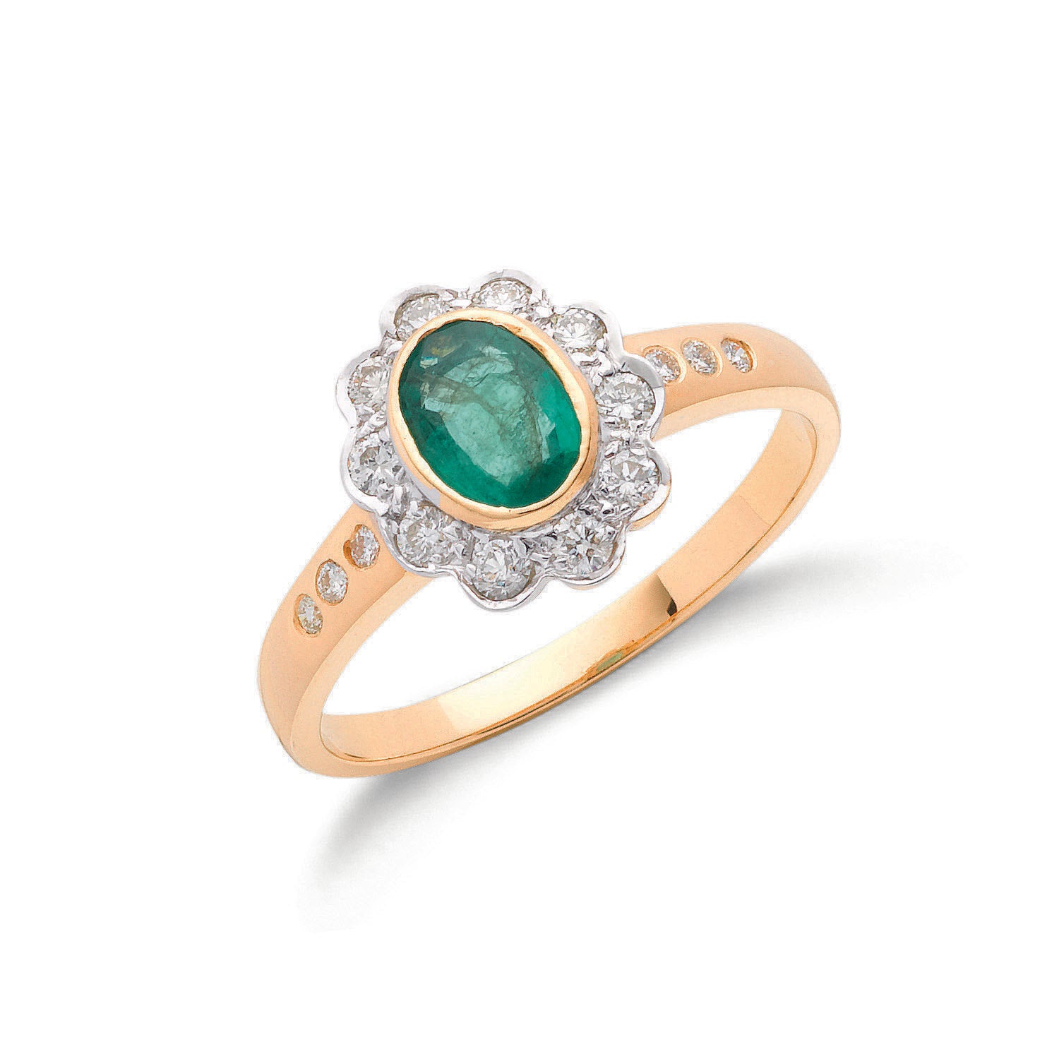 18ct Yellow Gold 0.30ct Diamond & 0.75ct Emerald Cluster Ring