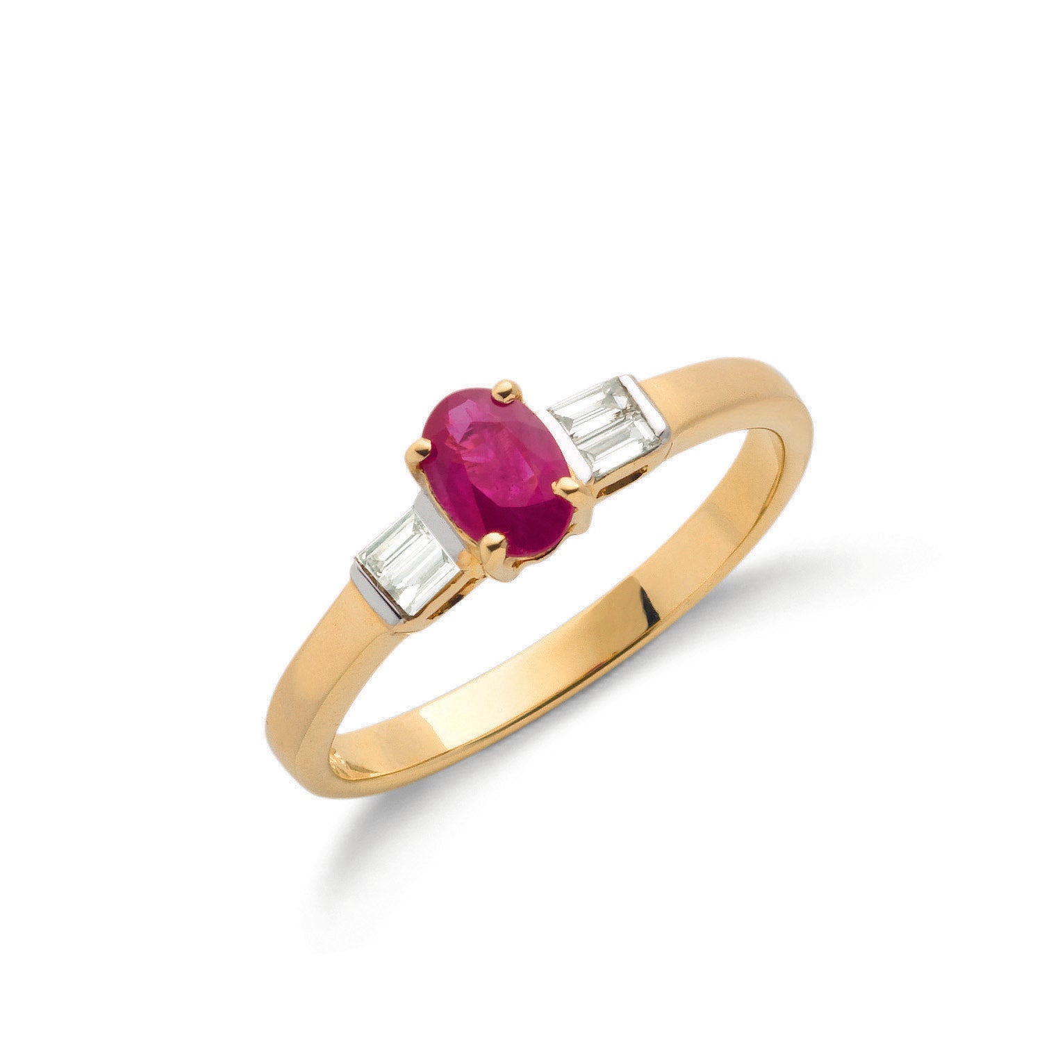 9ct Yellow Gold Baguette Cut 0.11ct Diamond & 0.60ct Ruby Ring