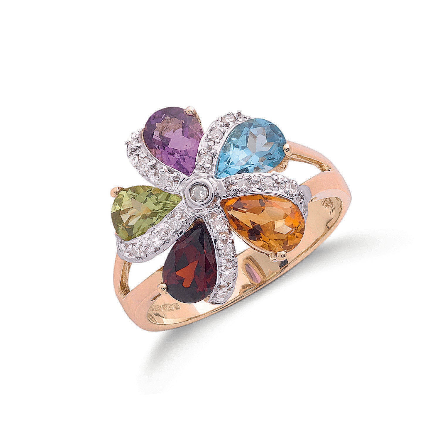 9ct Yellow Gold Diamond & Multi Colour St Flower / Cluster Ring