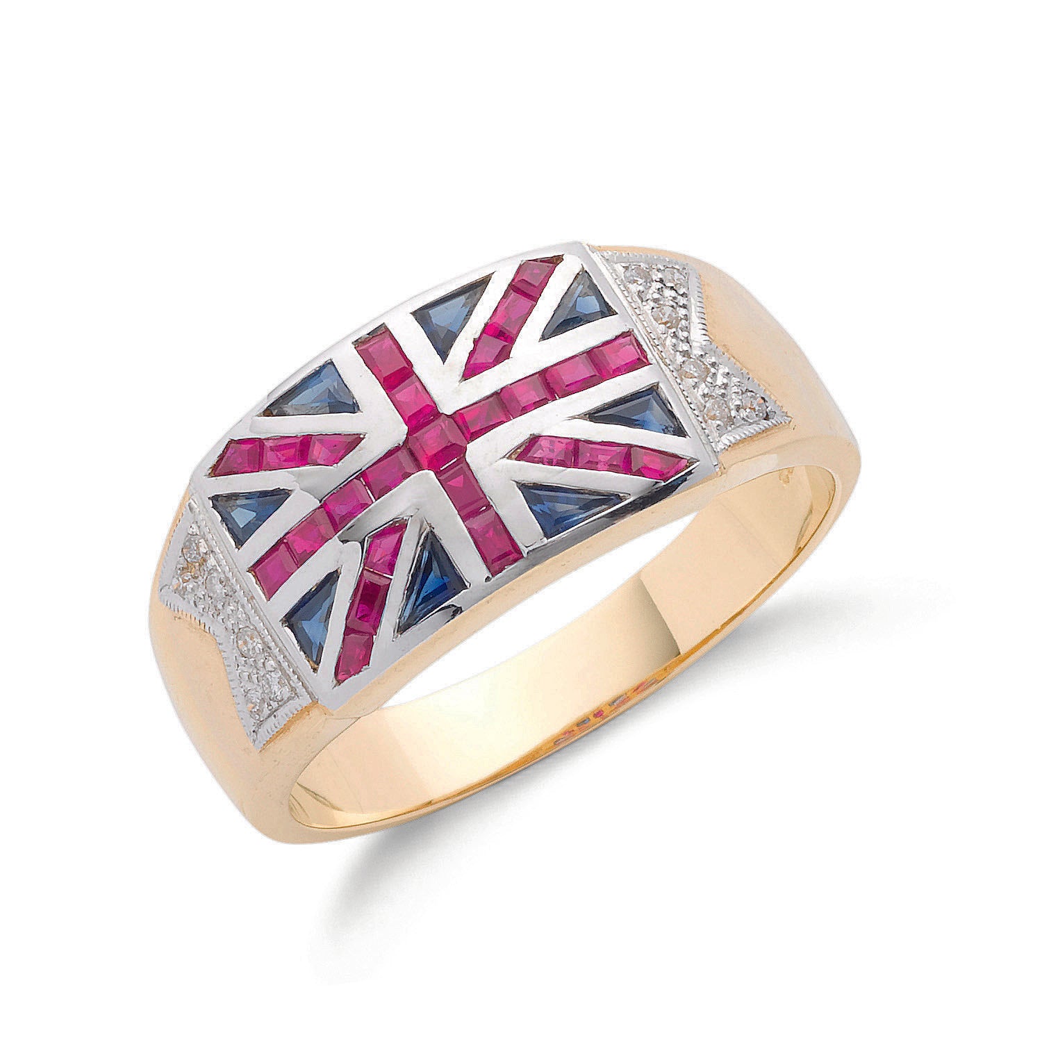 9ct Yellow Gold 0.06ct Diamond 0.28ct Blue Sapphire & 1.00ct Ruby Union Jack Ring