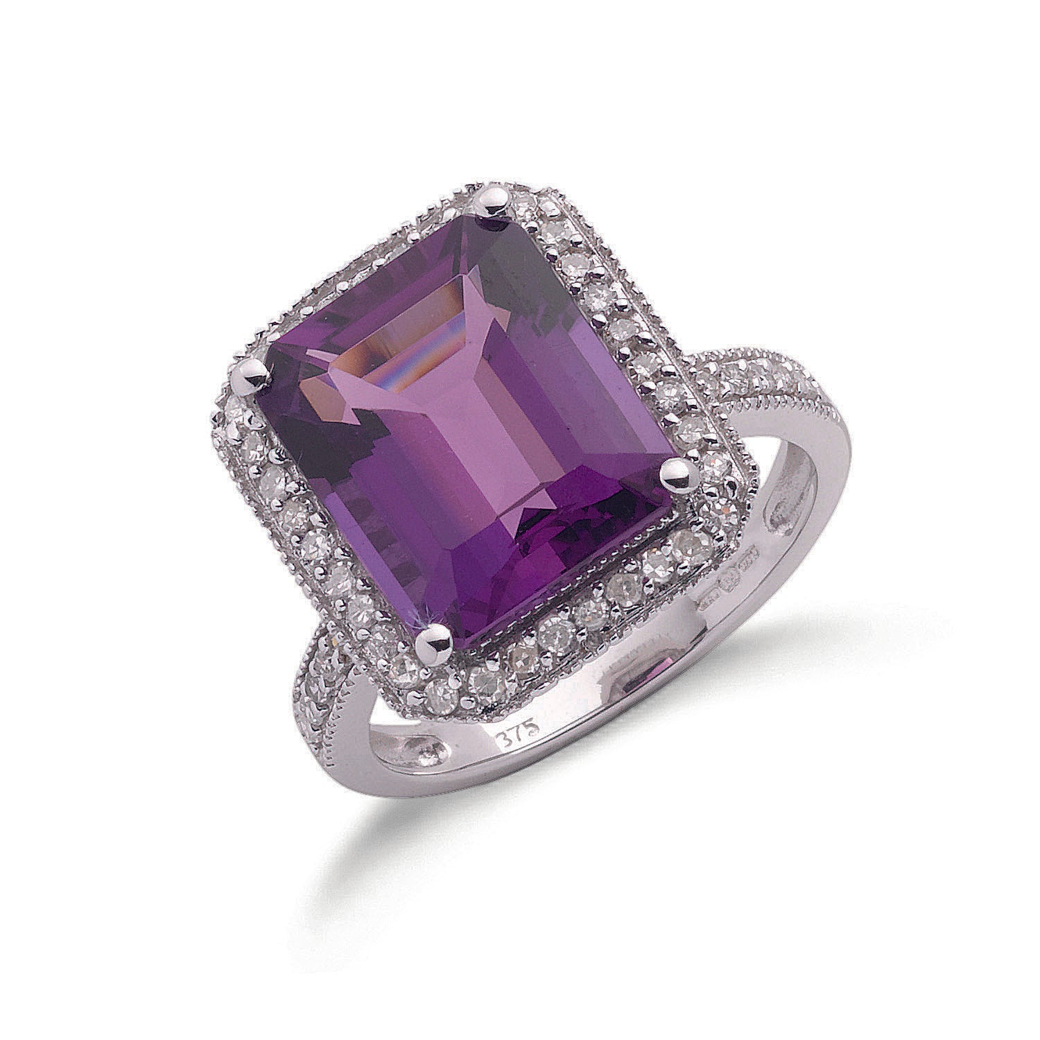 9ct White Gold 0.30ct Diamond & 5.45ct Amethyst Ring