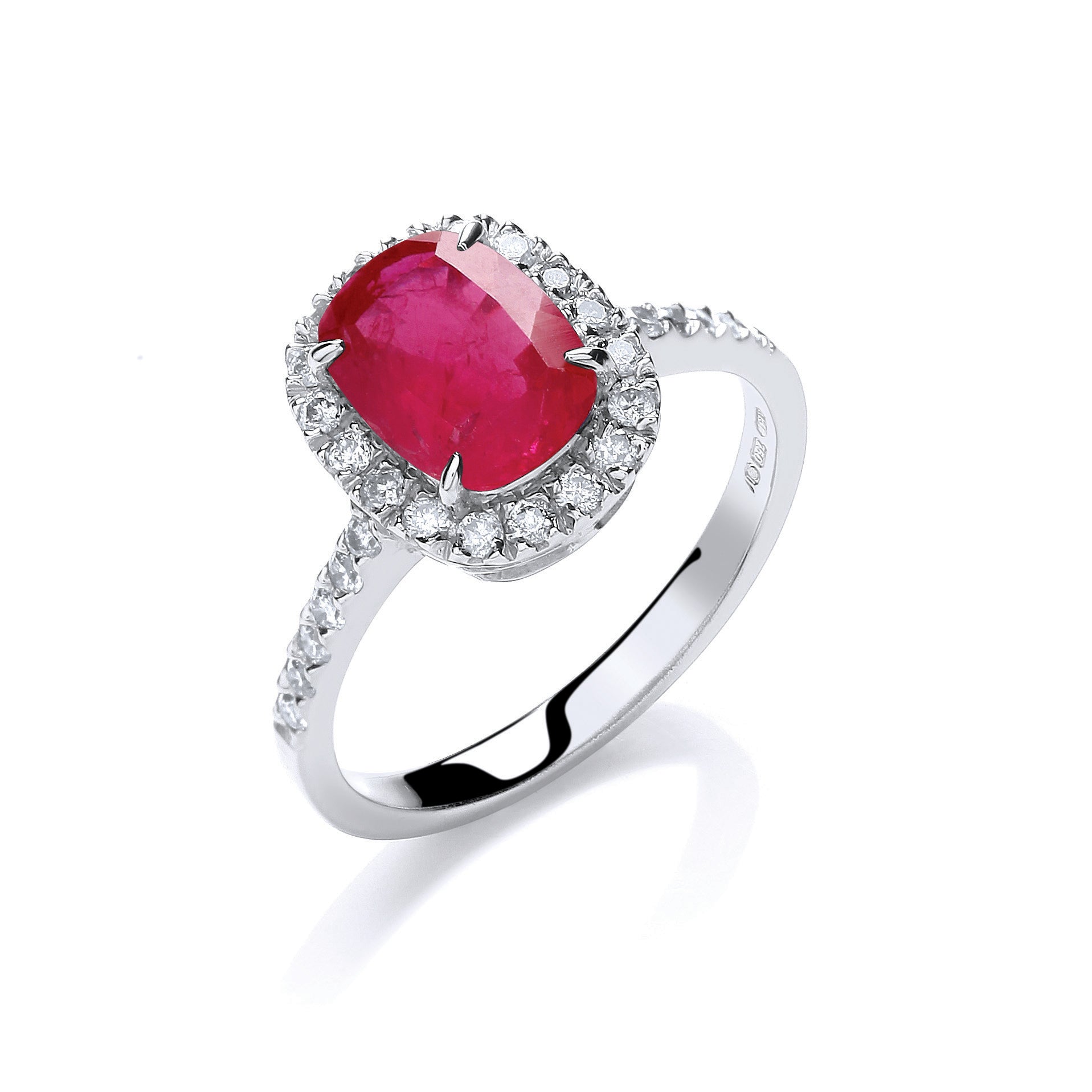 18ct White Gold 0.25ct Diamond, Cushion 1.9ct Ruby Ring