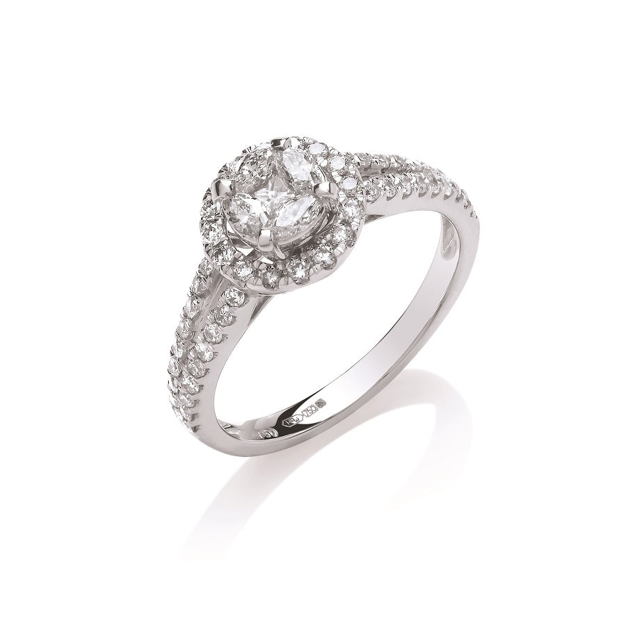 18ct White Gold 0.66ct Halo Style Split Shank Diamond Ring