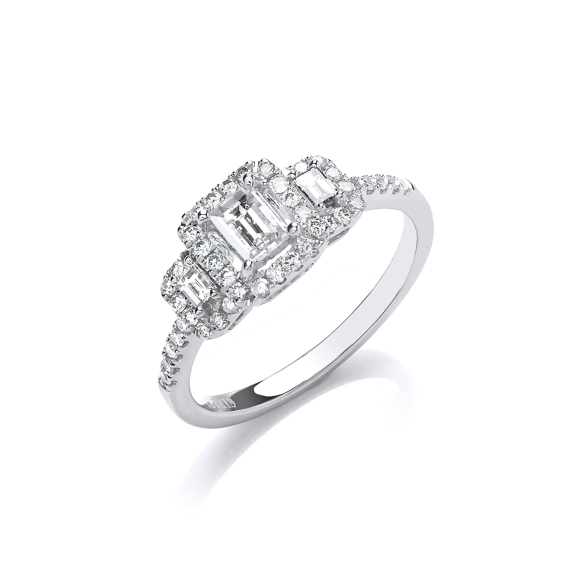 18ct White Gold Emerald Cut 0.75ct Halo style Trilogy Ring