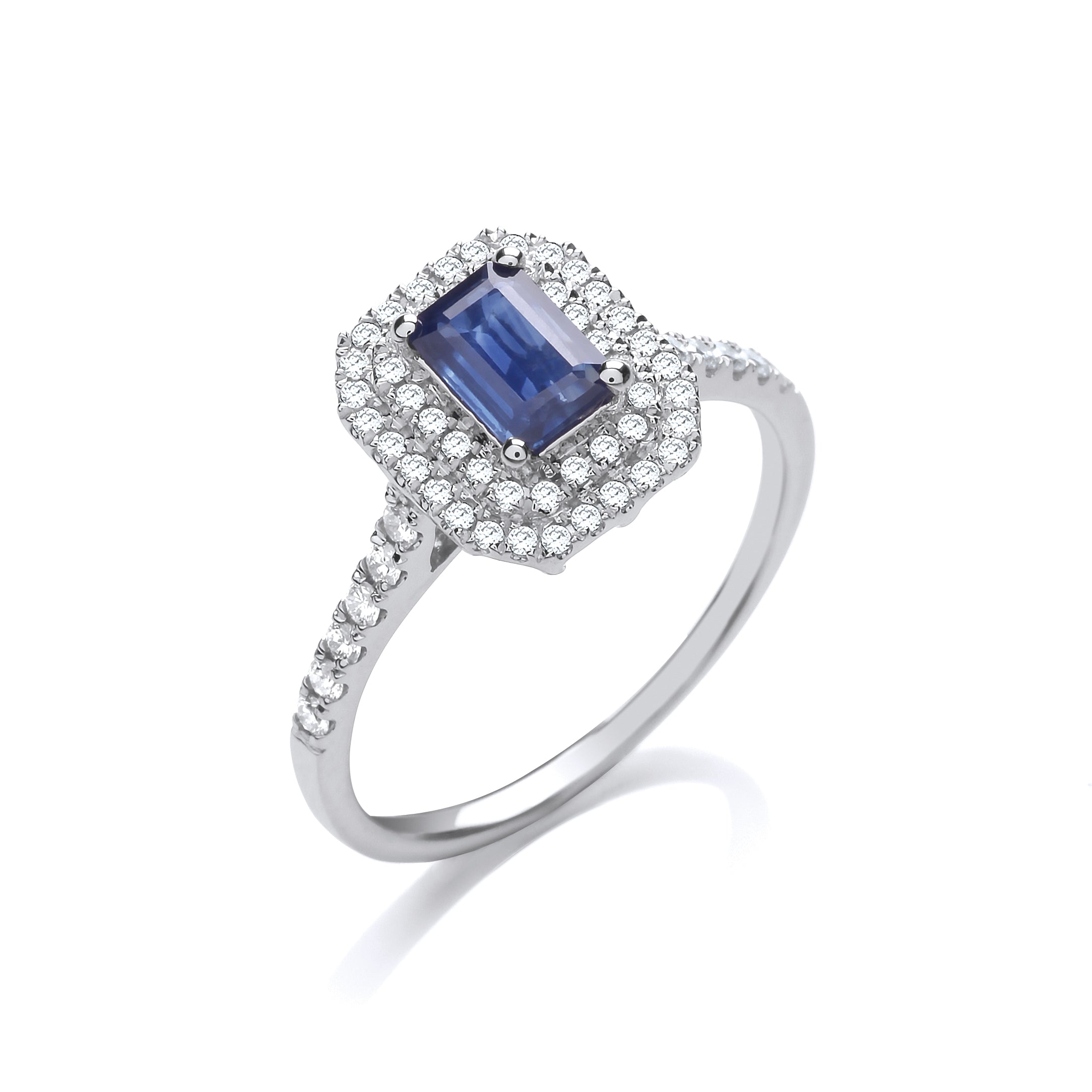 18ct White Gold 0.30ct Double Halo Diamond 0.60ct Octagon Cut Sapphire