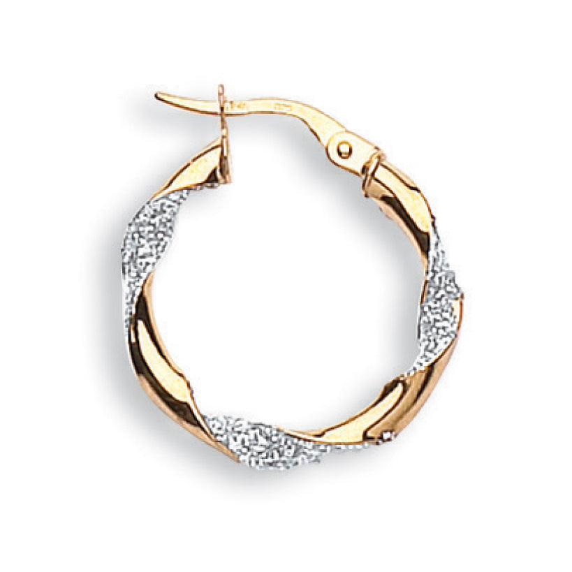 9ct Yellow & White Gold Glitter Finish Twisted Small Hoop Earrings