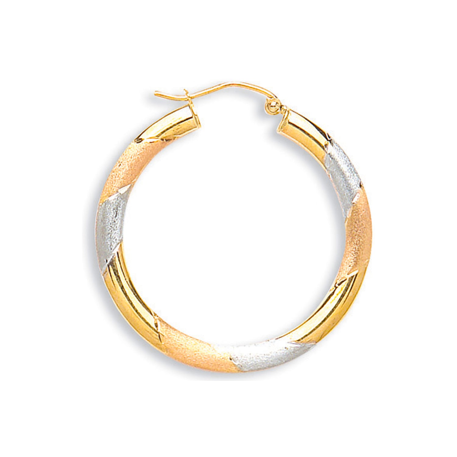 9ct Yellow, White & Rose Gold Diamond Cut 30mm Hoop Earrings