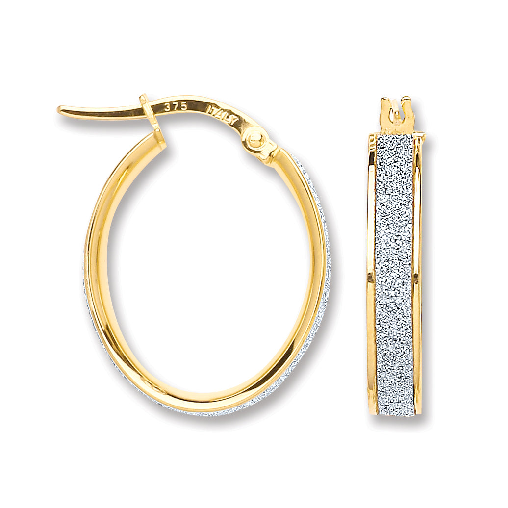 9ct Yellow Gold Glitter Oval Hoop Earrings