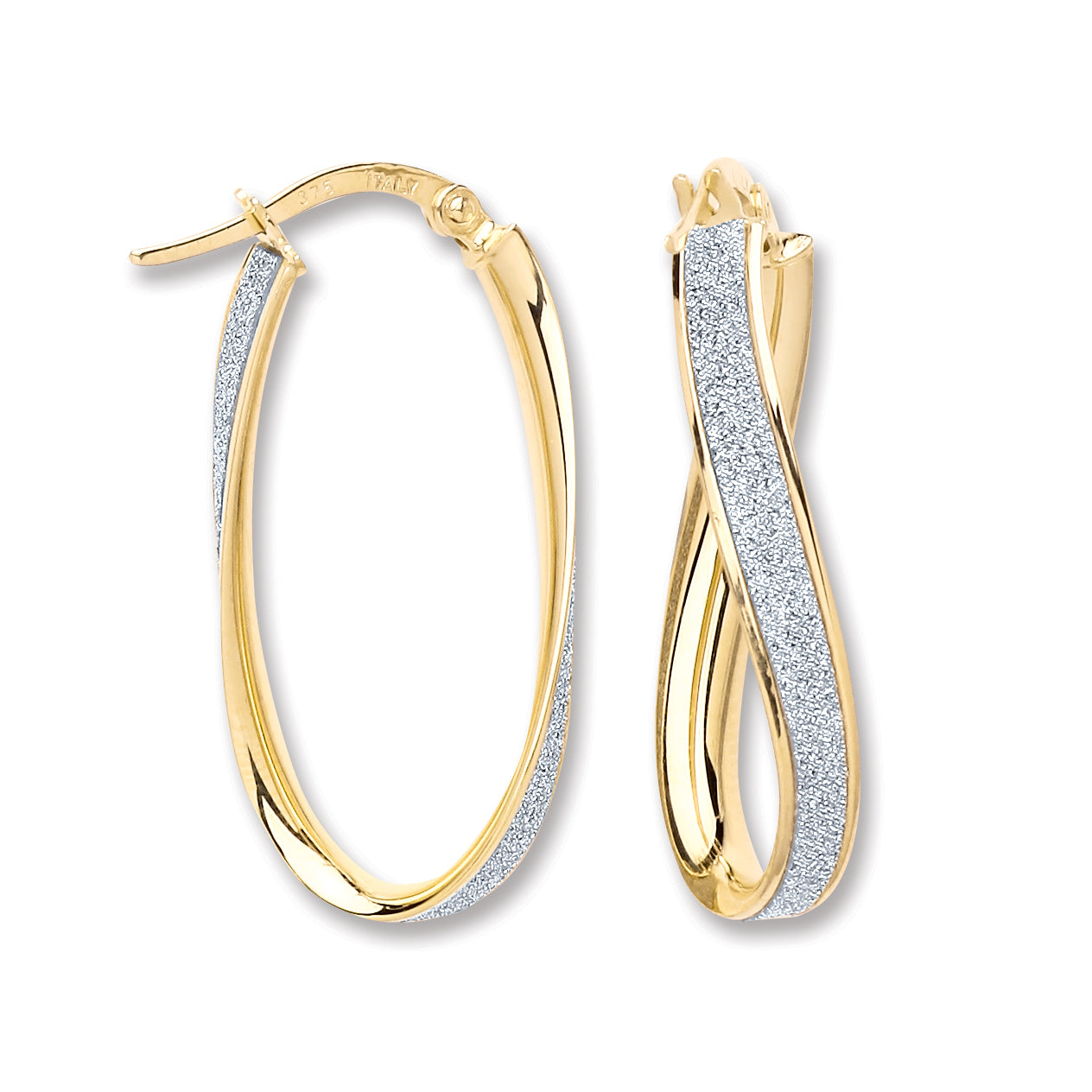 9ct Yellow Gold 30mm Moondust Oval Twist Hoop Earrings