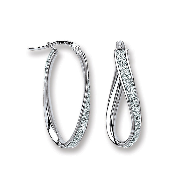 9ct White Gold Glitter Oval Twist Hoop Earrings