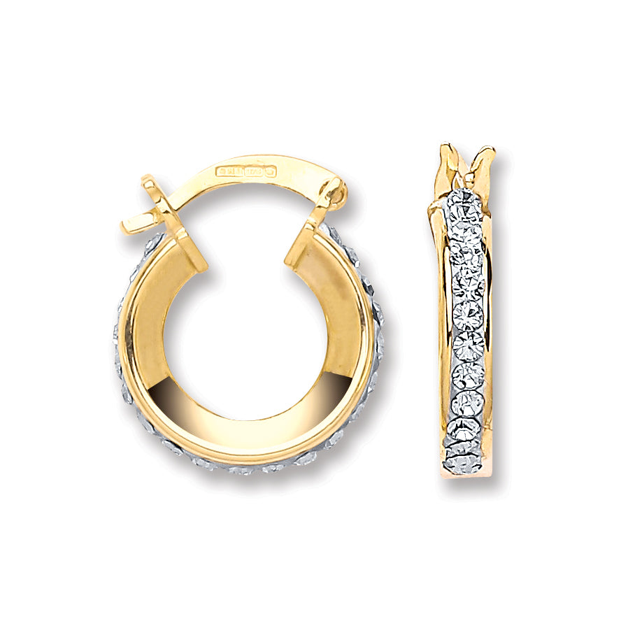 9ct Yellow Gold 15mm Round Crystal Hoop Huggies