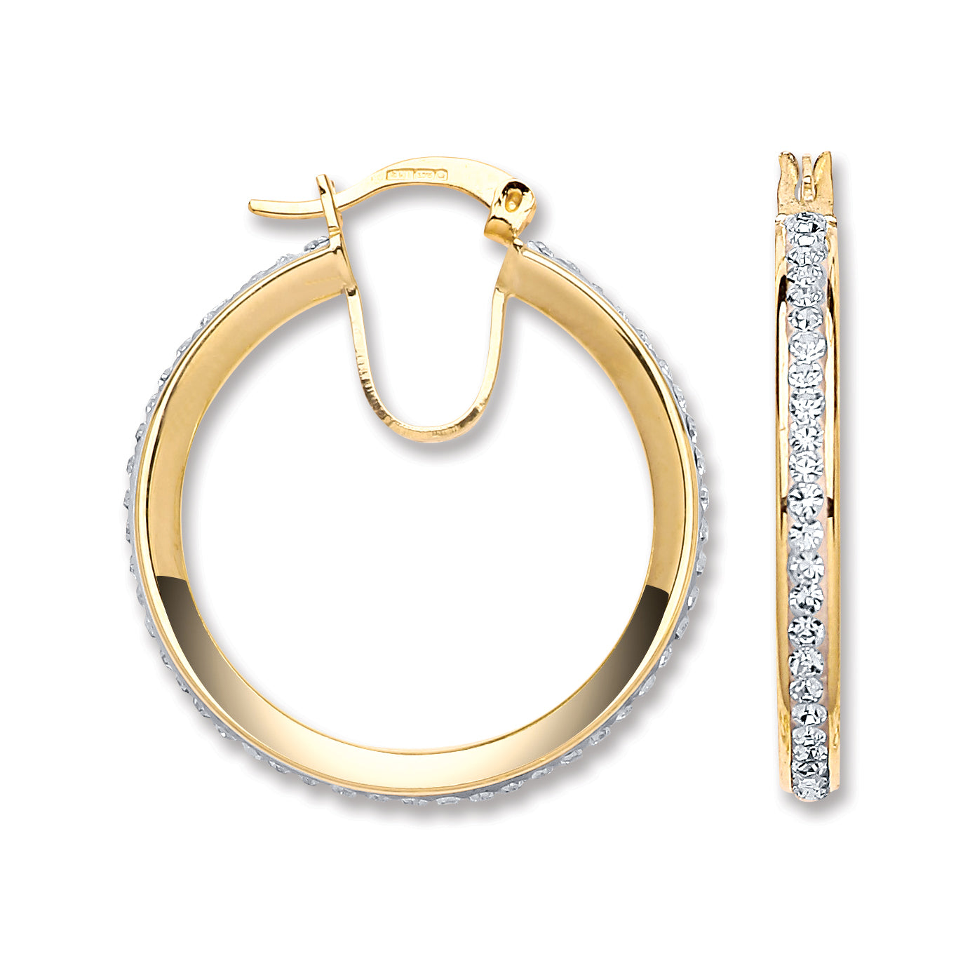 9ct Yellow Gold 28mm Round Crystal Hoop Earrings