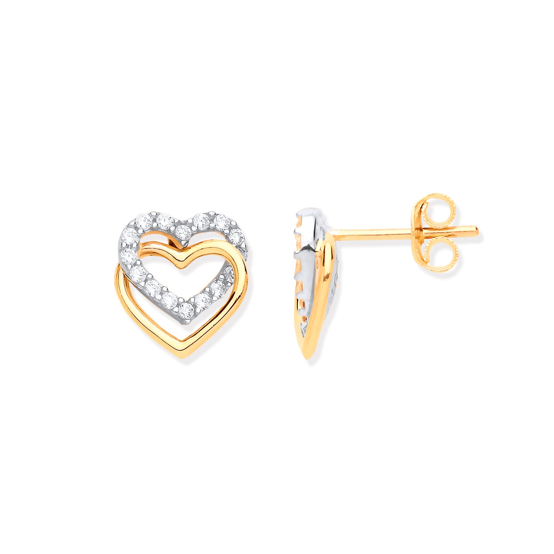 9ct Yellow Gold Double Heart Cubic Zirconia Stud Earrings