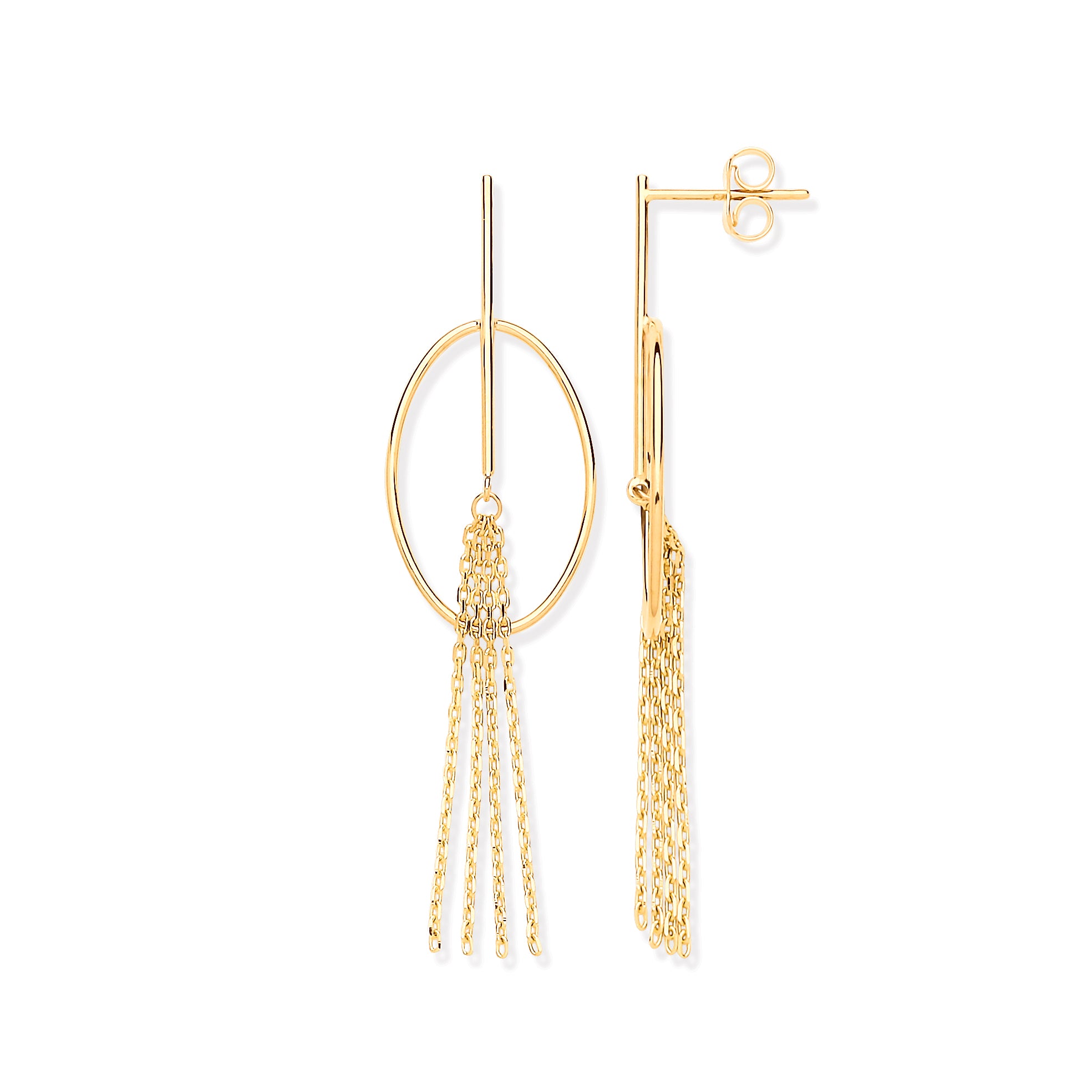 9ct Yellow Gold Oval Tube Tassel Drop Earrings