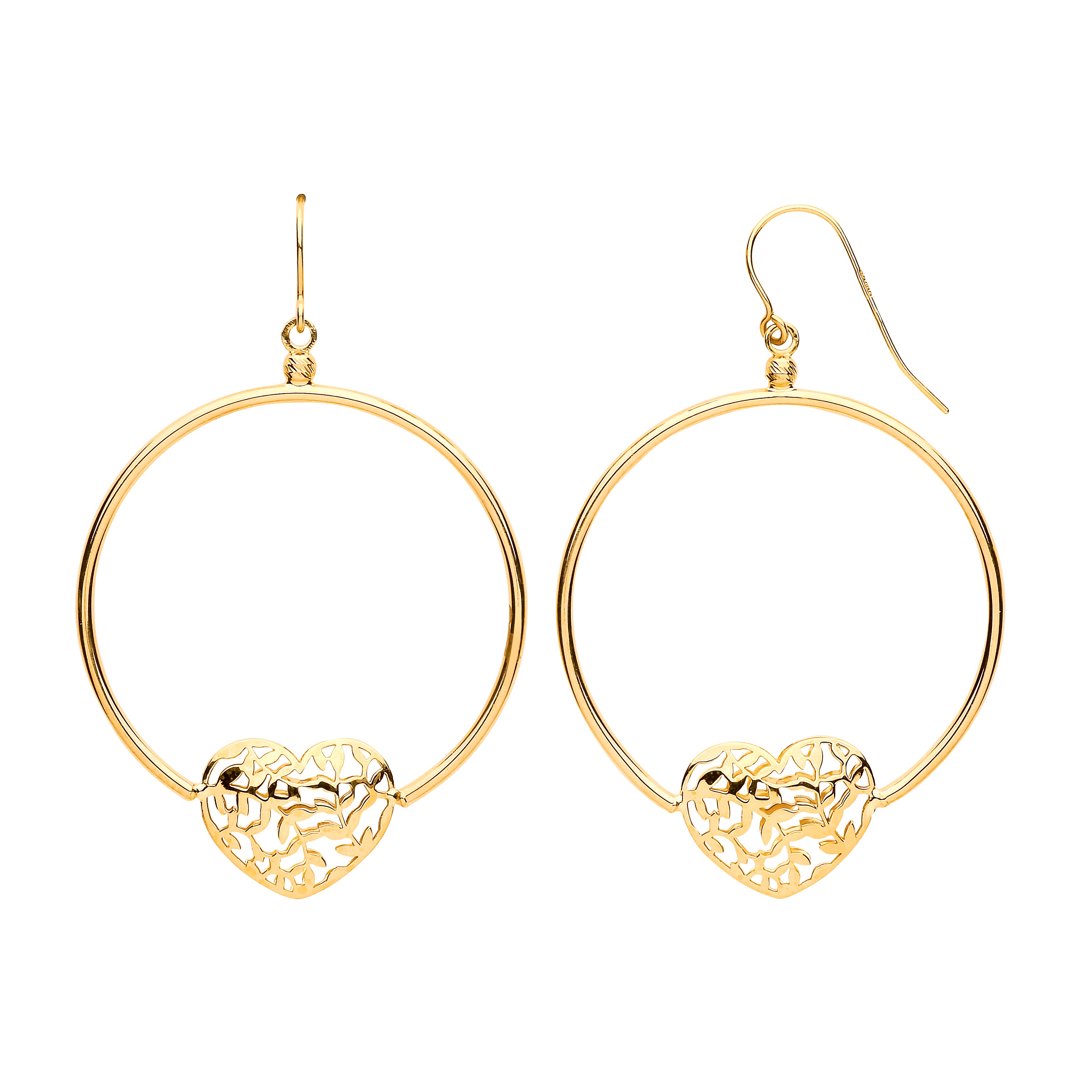 9ct Yellow Gold Round Tube, Filigree Heart, Hook Style Earrings