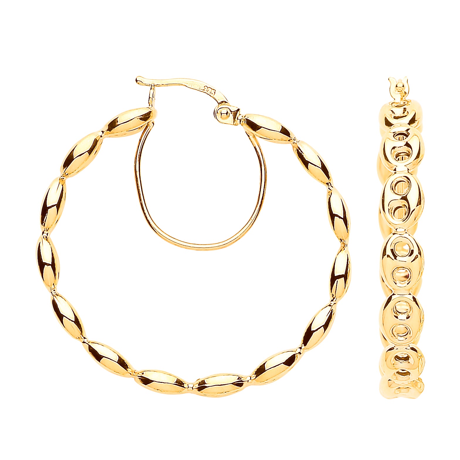 9ct Yellow Gold Coffee Bean 30mm Hoop Earrings