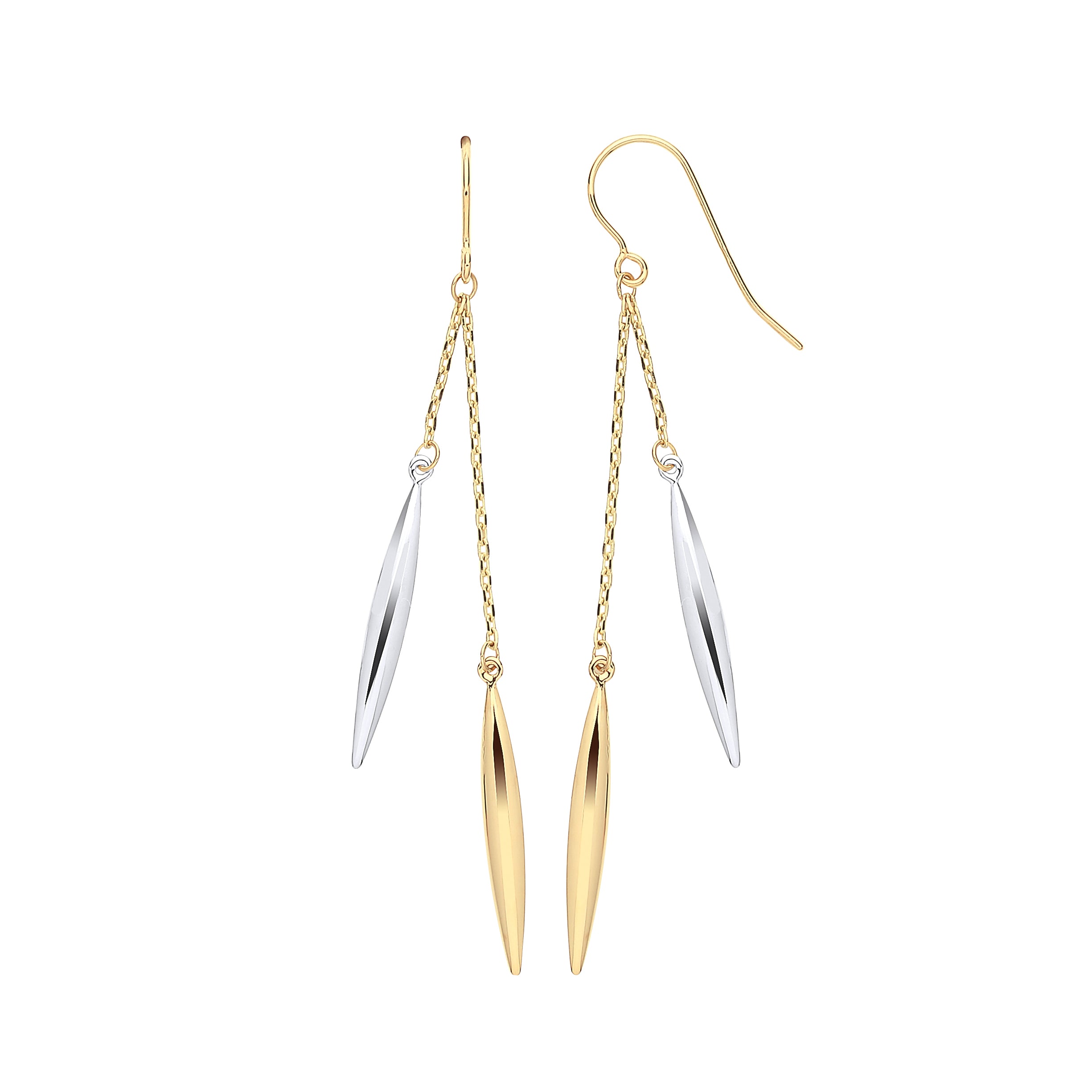 9ct Yellow & White Gold Icicle Shaped Hollow Drop Earrings