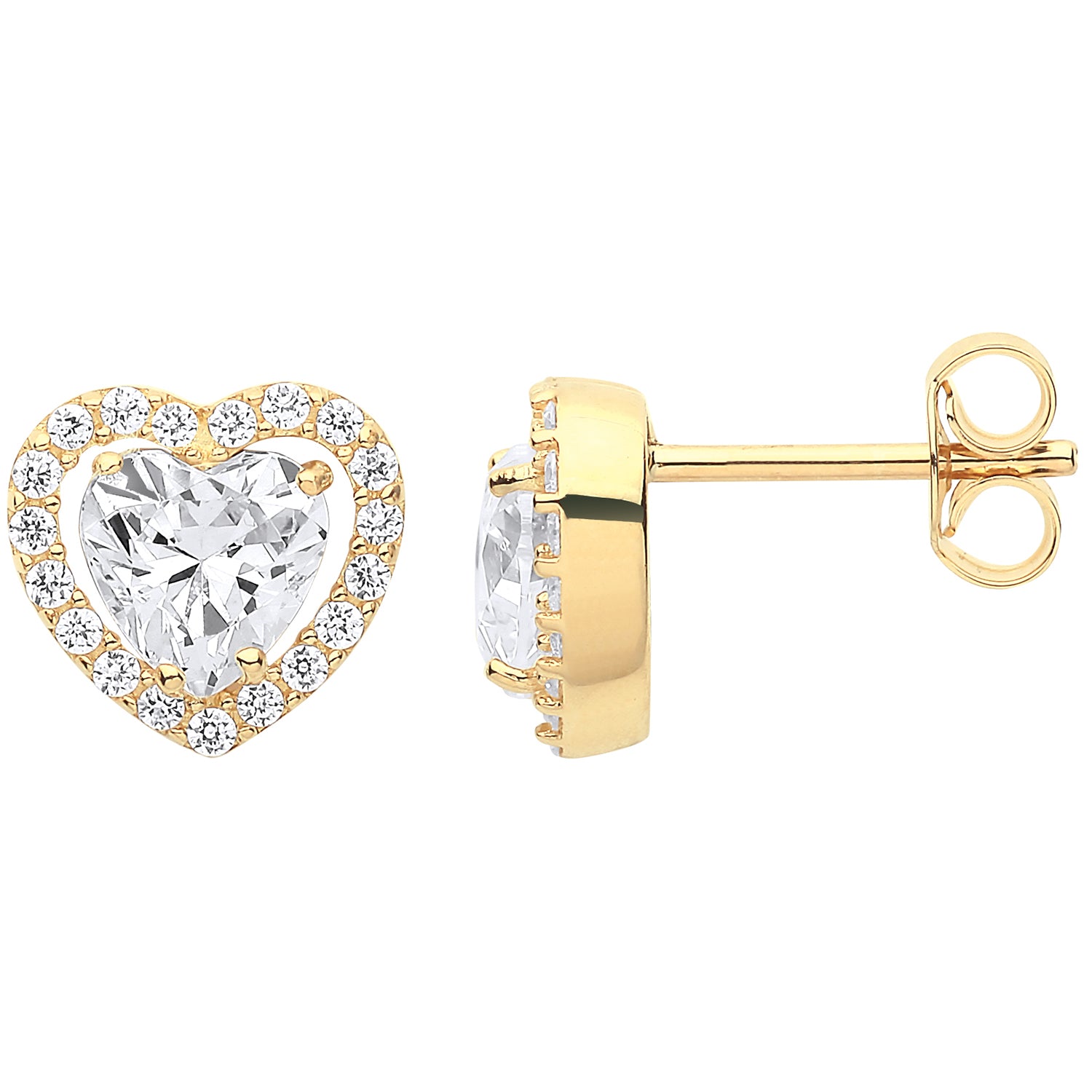 9ct Yellow Gold Heart Halo Style Cubic Zirconia Stud Earrings