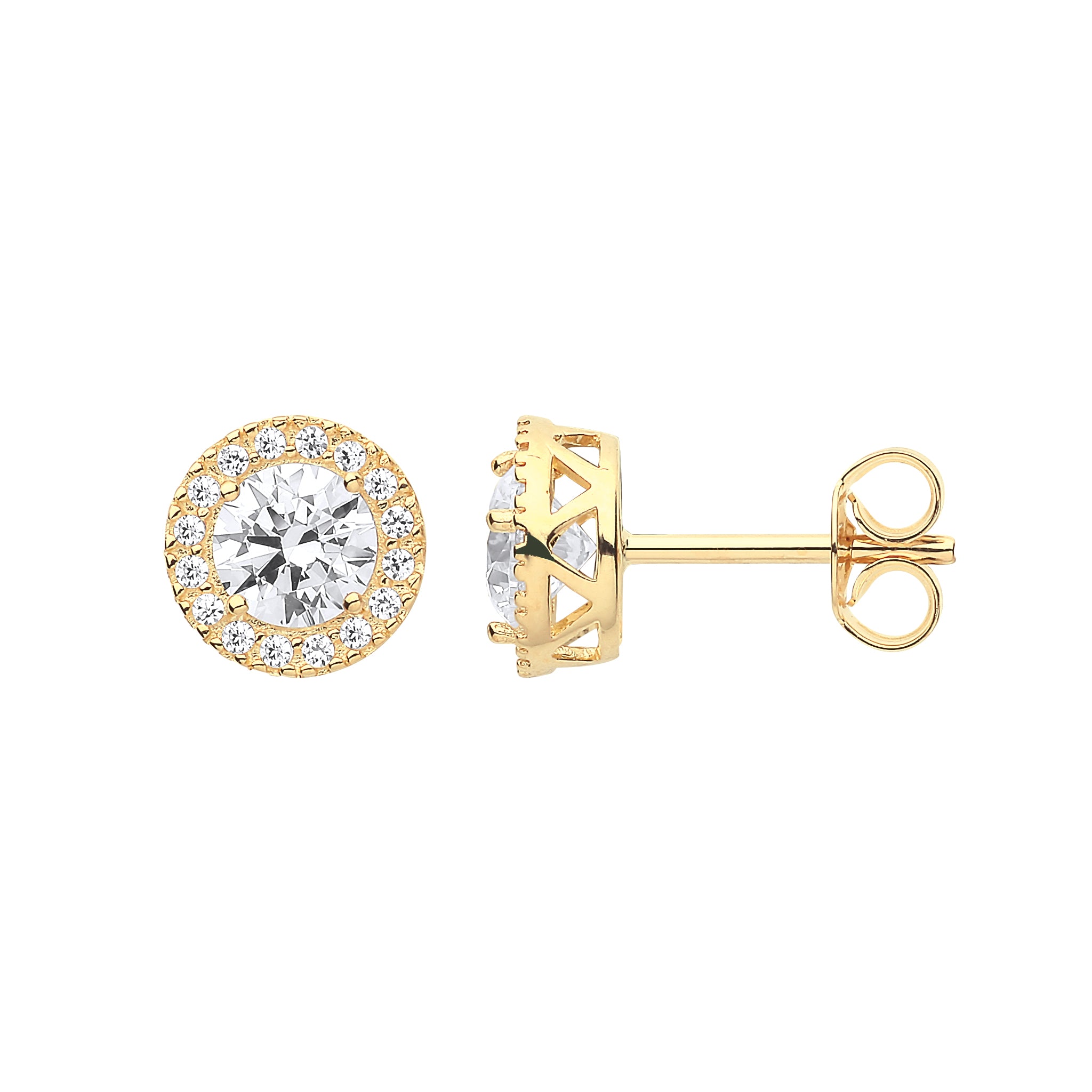 9ct Yellow Gold Round Cubic Zirconia Halo Stud Earrings