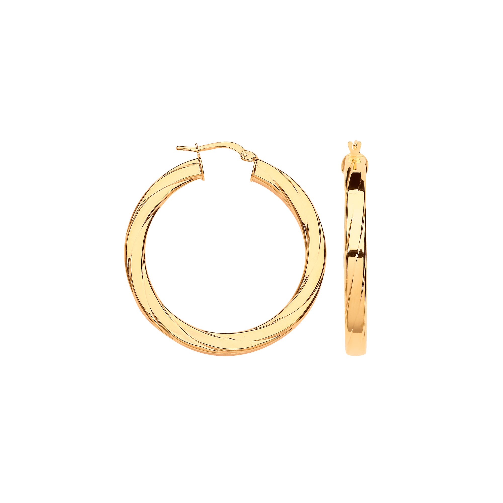 9ct Yellow Gold 38mm Square Tube Ribbed Hoop Earrings