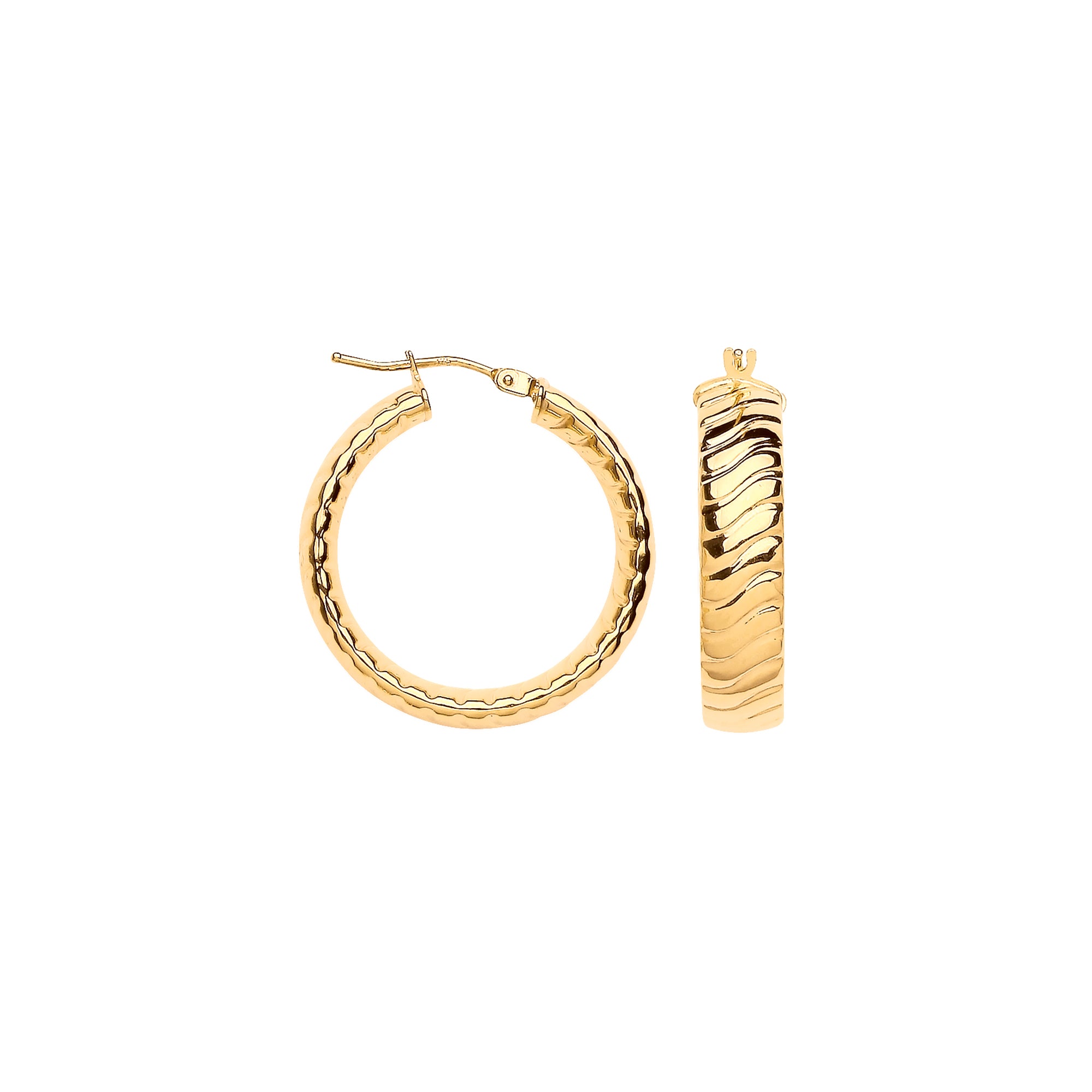 9ct Yellow Gold 25mm Wavy Ribbed Hoop Earrings