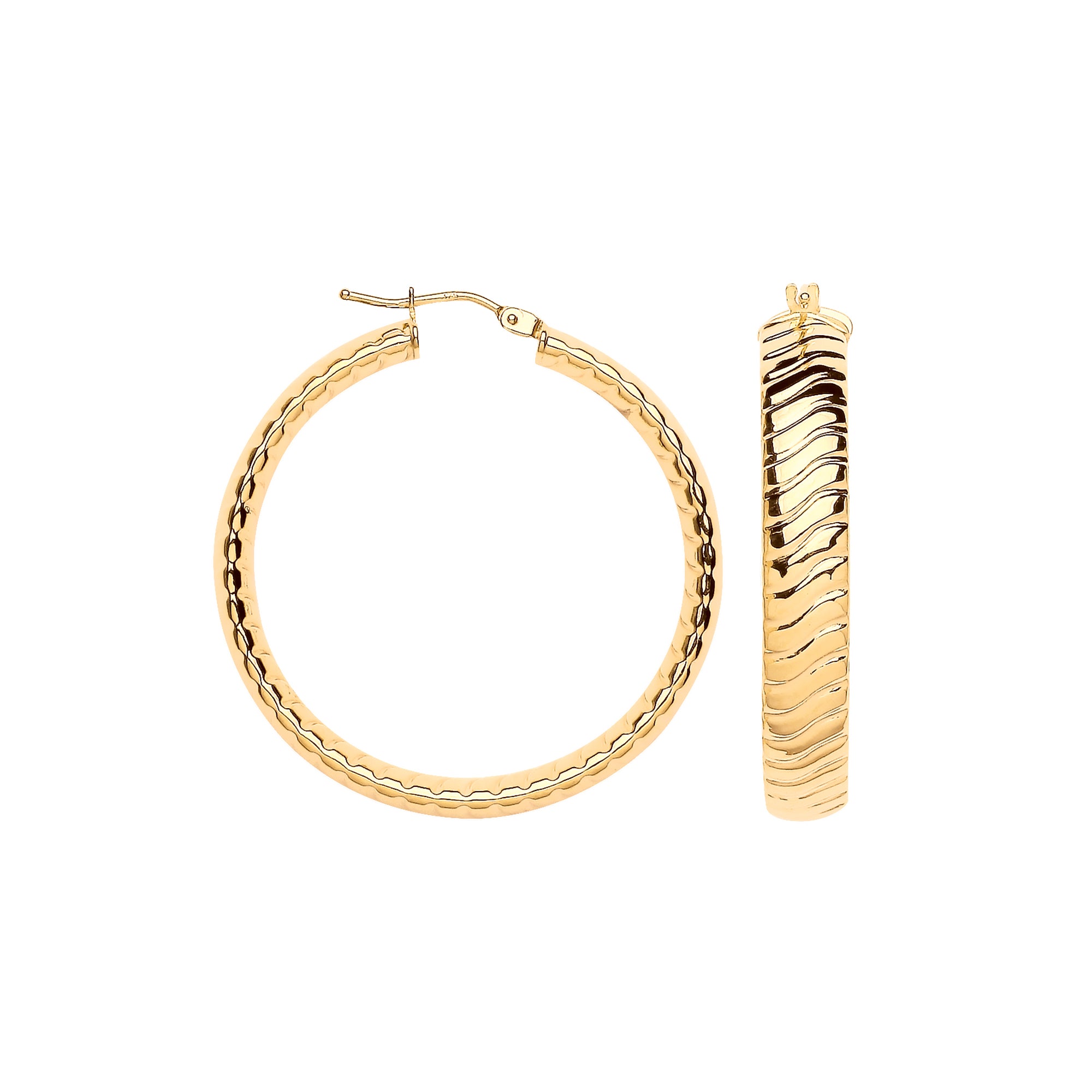 9ct Yellow Gold 36mm Wavy Ribbed Hoop Earrings