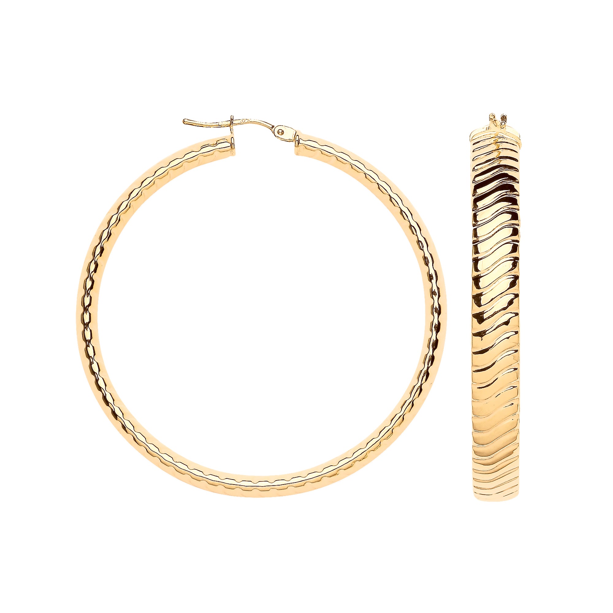 9ct Yellow Gold 46mm Wavy Ribbed Hoop Earrings